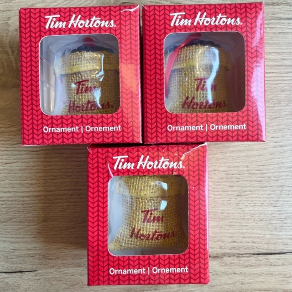 In Box 2016 3 Tim Hortons Burlap Bag of Coffee Christmas Ornament Collectibles